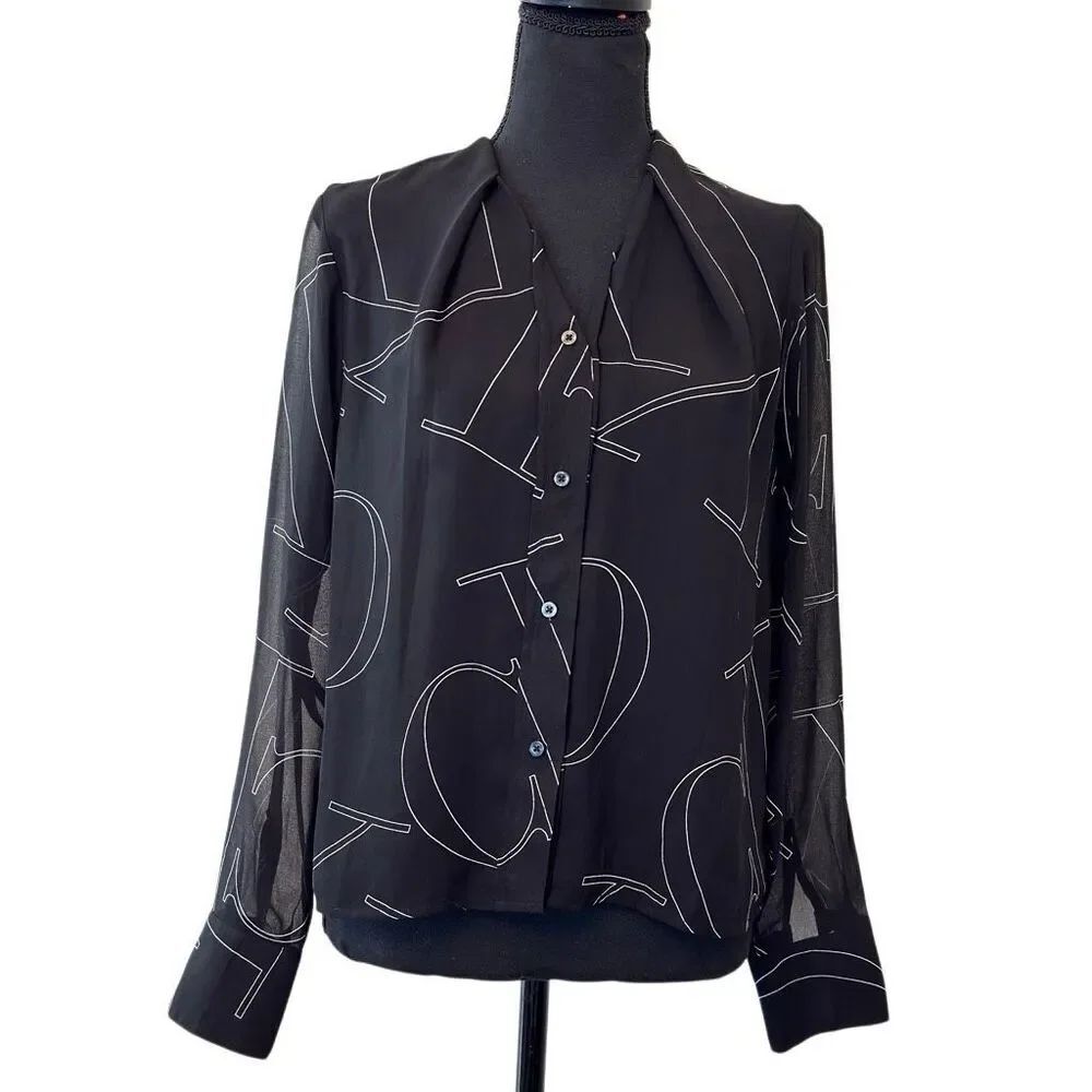 Calvin Klein Logo Print V-Neck Chiffon Button-Up Long Sleeve Blouse Black Small